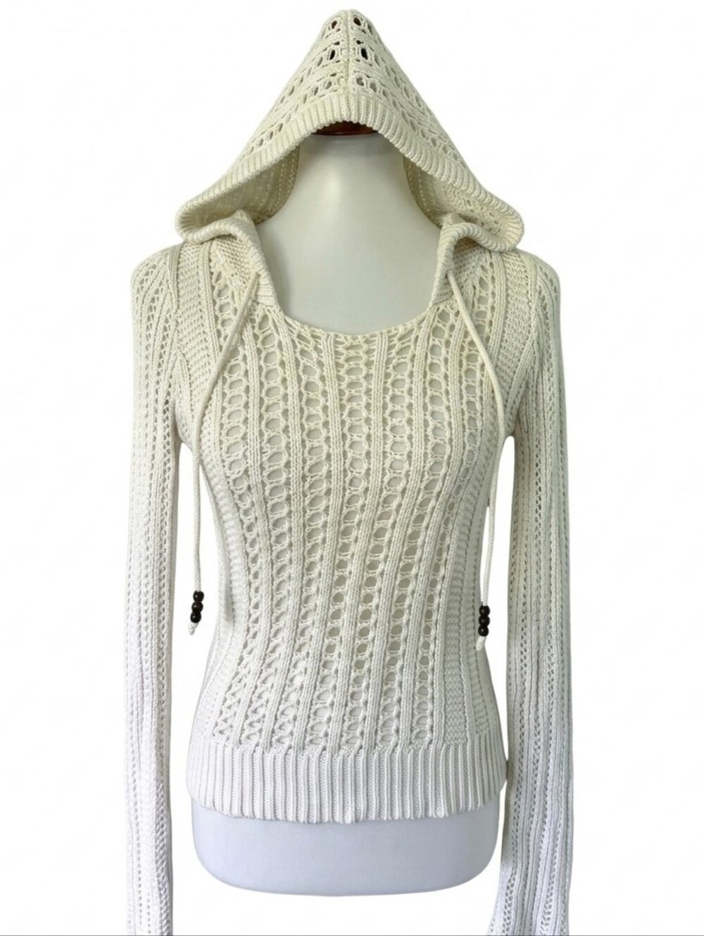 American Eagle Cream Open-Knit Crochet Hooded Pullover Sweater 100% Cotton
